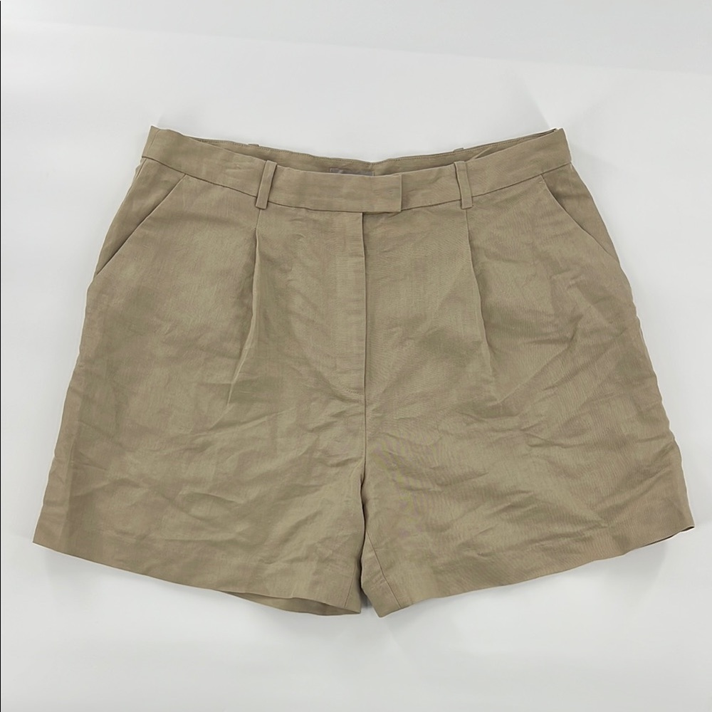 NWT H&M High Waist shorts Khaki Pleated linen blend academia 14‎